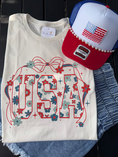 USA Floral Bow Tee