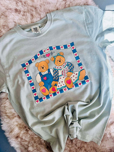 Antique Bear Couple With Heart Border DTF Tee
