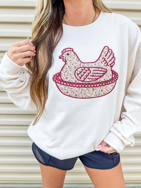 Red Chicken Floral Applique Sweatshirt
