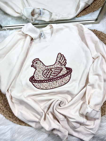 Red Chicken Floral Applique Sweatshirt