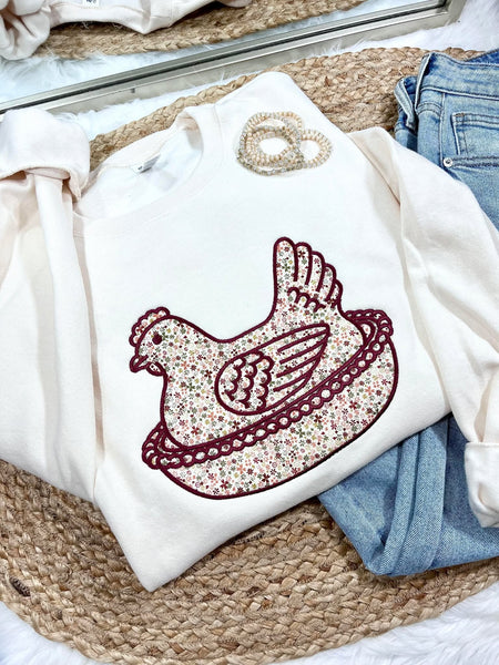 Red Chicken Floral Applique Sweatshirt