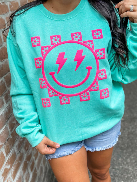 Happy Lightning Floral Checkered Puff Sweatshirt