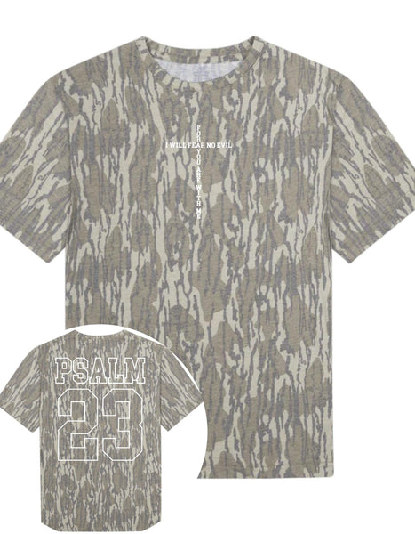 Bottomland Camouflage t-shirt with 'Psalm 28' DTF on a white background