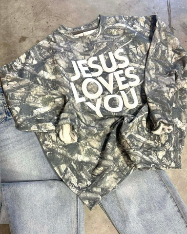 Jesus Loves You OLIVE GREEN Camo Sweatshirt