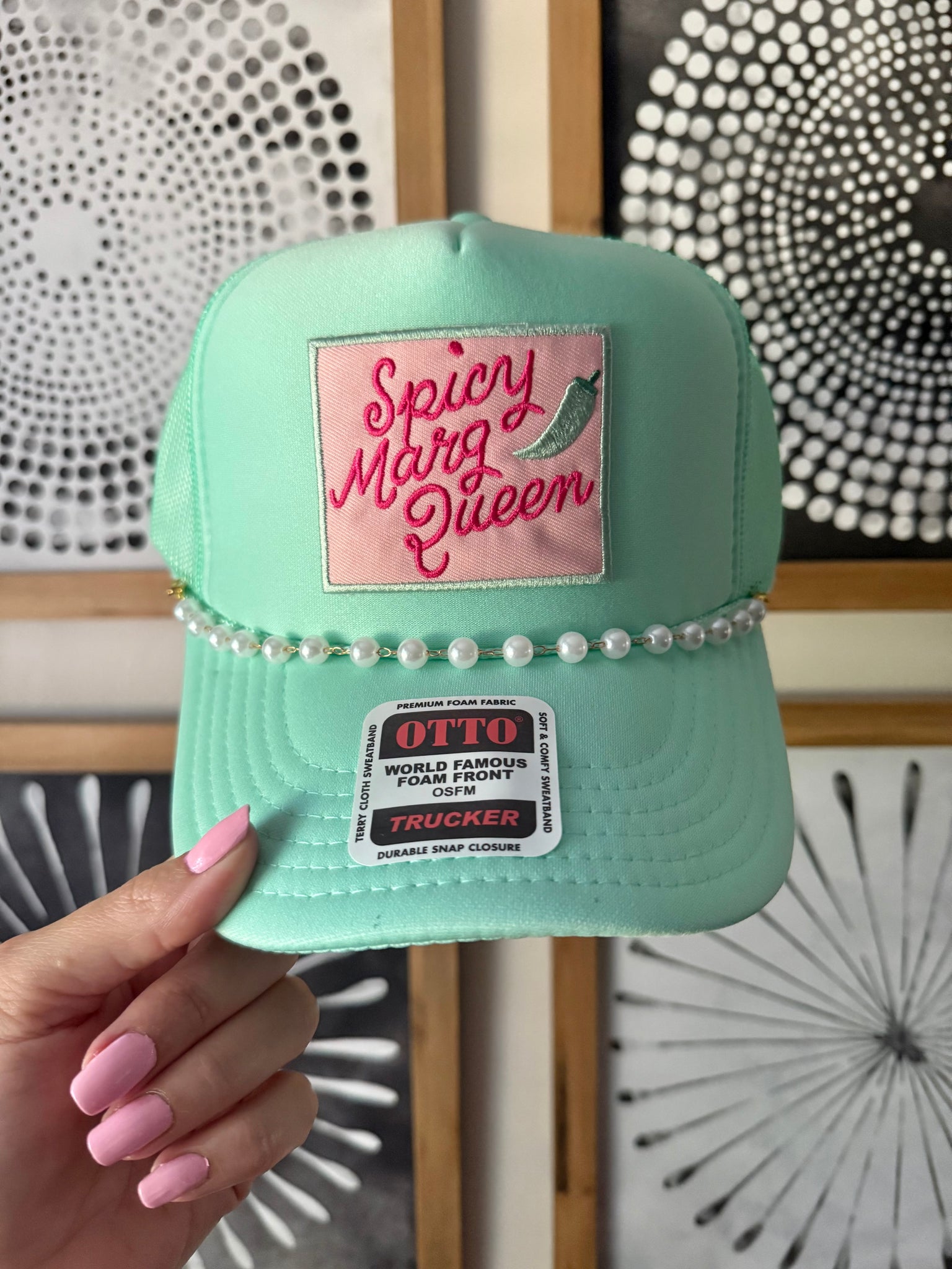 Patched up brand new green trucker hat for margarita queens and beach girls Save Water Drink Margs Trucker Cap, Cute Women main image 4
