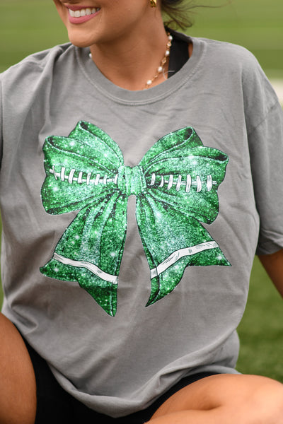 Green Faux Glitter Football Bow Tee