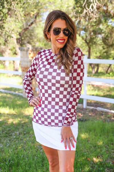 Maroon Checkered Mesh Top *Preorder