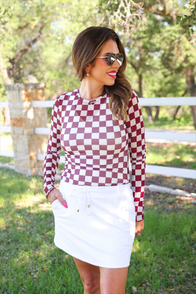 Maroon Checkered Mesh Top *Preorder