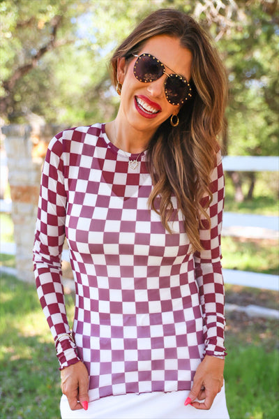 Maroon Checkered Mesh Top *Preorder