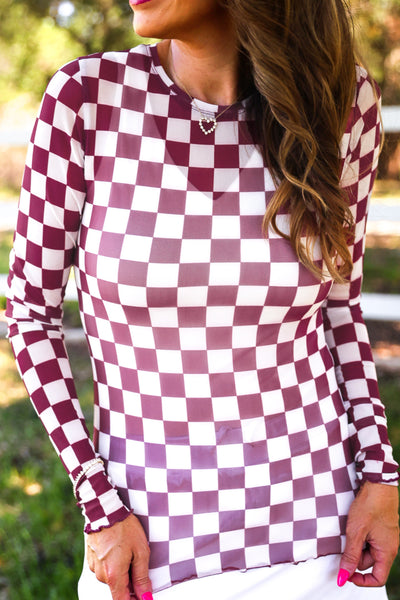 Maroon Checkered Mesh Top *Preorder