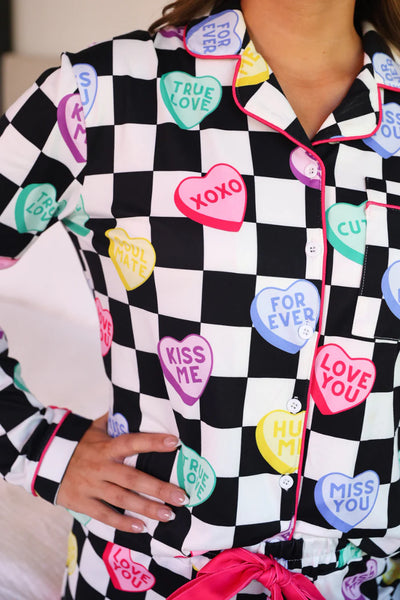 Checkered Conversation Hearts Ruffle Pajamas