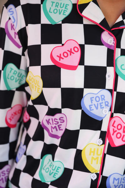 Checkered Conversation Hearts Ruffle Pajamas