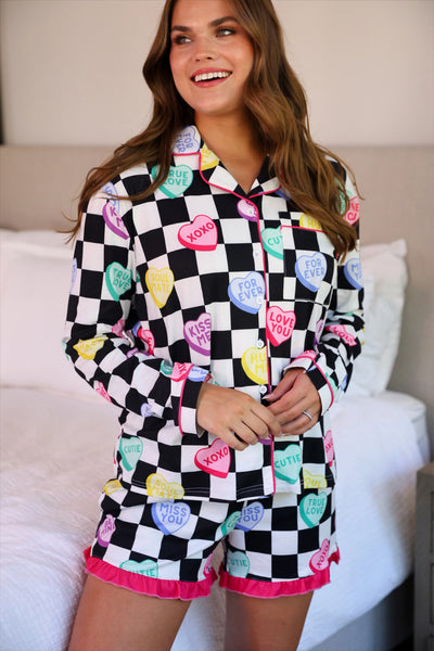 Checkered Conversation Hearts Ruffle Pajamas