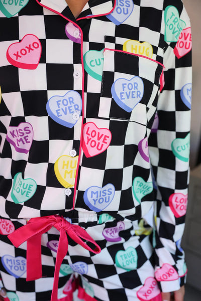 Checkered Conversation Hearts Ruffle Pajamas