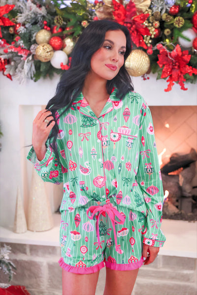 Decked in Ornaments Ruffle Pajama Set *preorder