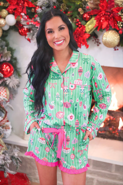 Decked in Ornaments Ruffle Pajama Set *preorder