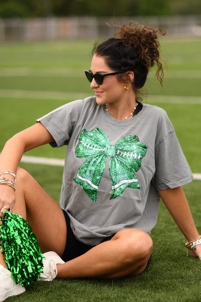 Green Faux Glitter Football Bow Tee