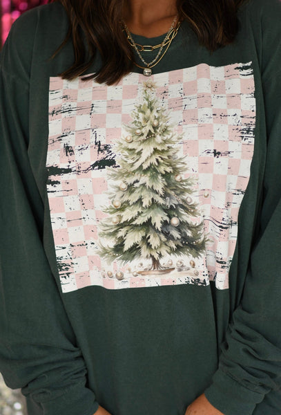 Pink Distressed Checkered Christmas Tree Tee/ Long Sleeve