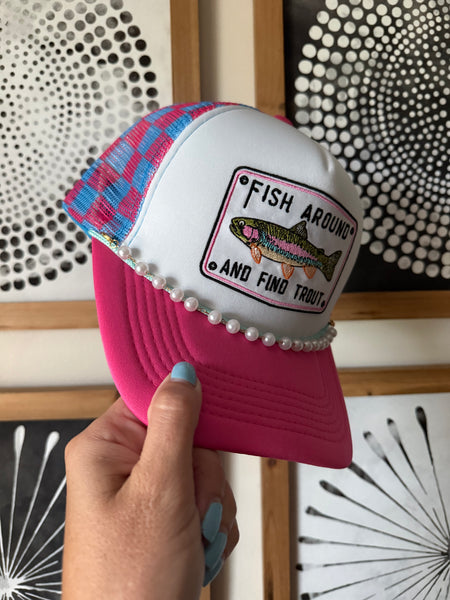 Fish Around Pink Checkered Trucker