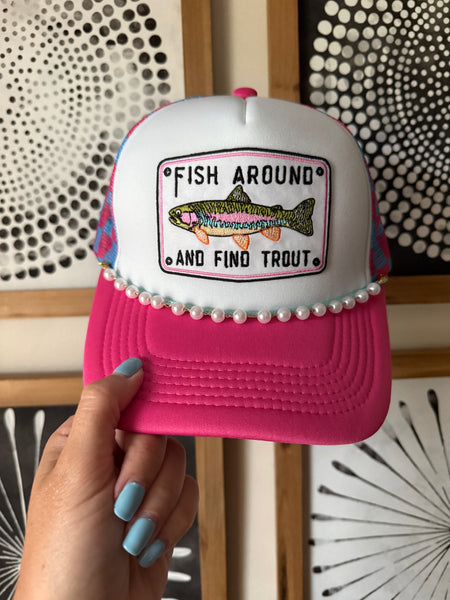 Fish Around Pink Checkered Trucker