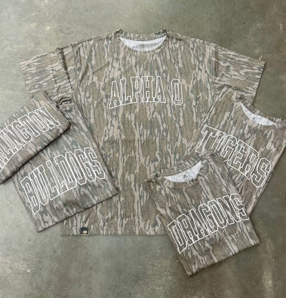 Puff Outlined Varsity Camo Custom Bottomland Tee