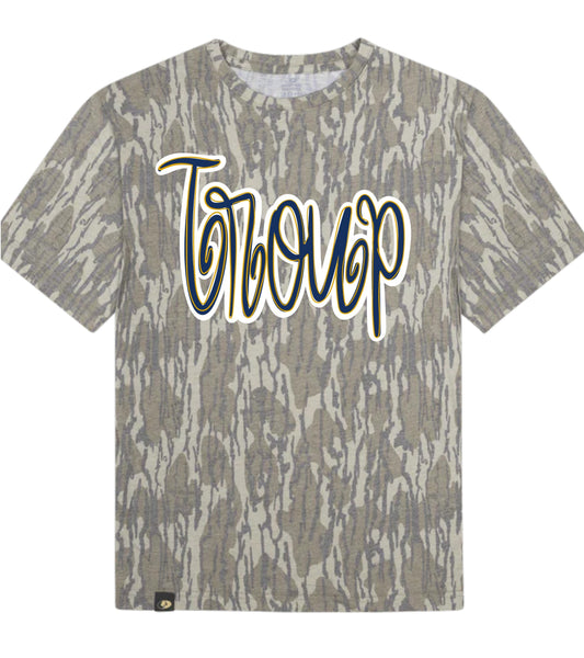 Camouflage-patterned t-shirt with 'Torque' branding on a white background